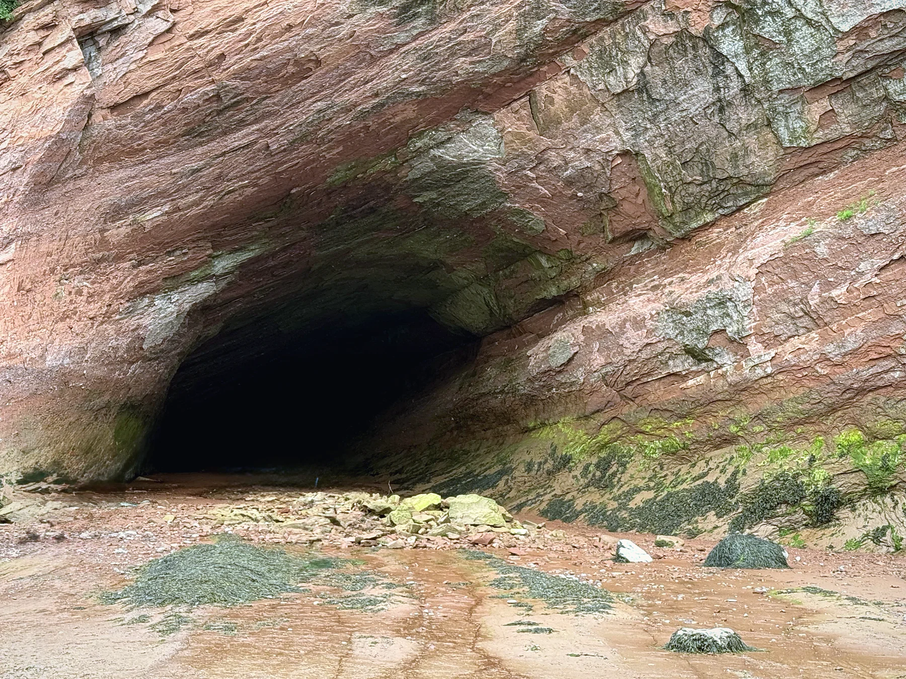 Red sandstone sea cave on the Bay of Fundy shore at St. Martins