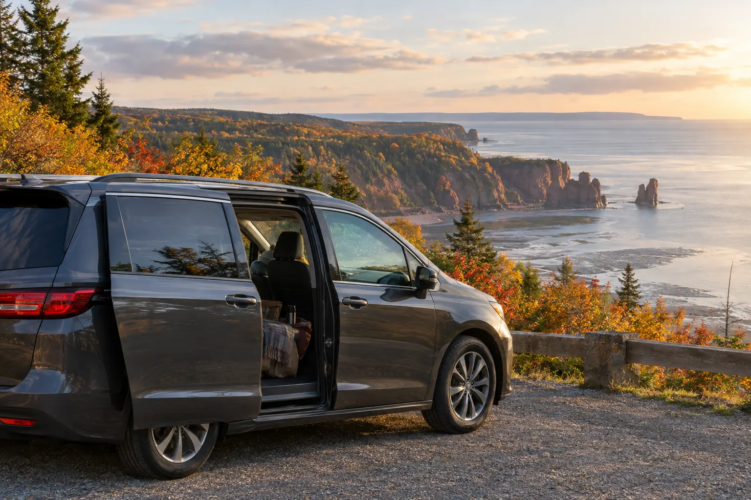 Minivan with its sliding door open at a coastal lookout in autumn